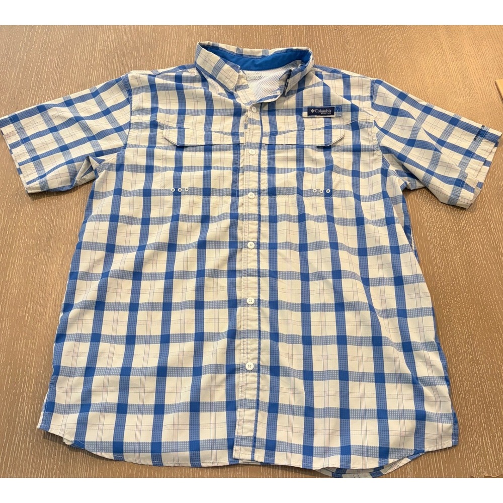 Columbia PFG Omni-Shade Men's‎ Large Blue Plaid Short Sleeve Fishing Shirt EUC